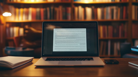 Cloud-based document open on laptop screen in an organized digital learning workspaceの素材