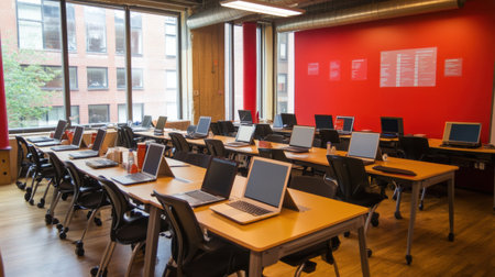 Coding classroom with ergonomic chairs, laptops on every table, and binary art decorの素材