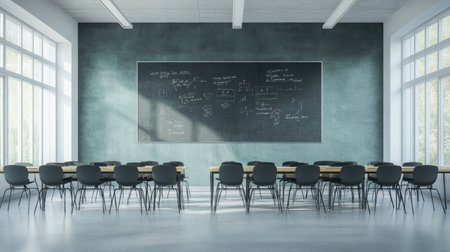 Digital chalkboard with math equations and interactive learning display in modern tech-integrated classroomの素材