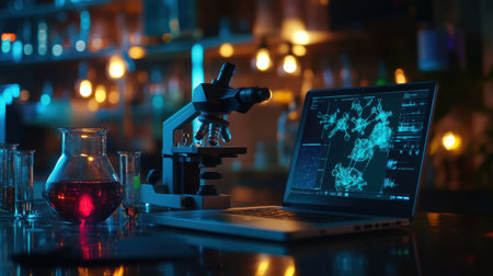 Digital microscope connected to laptop displaying biology software in modern science labの素材