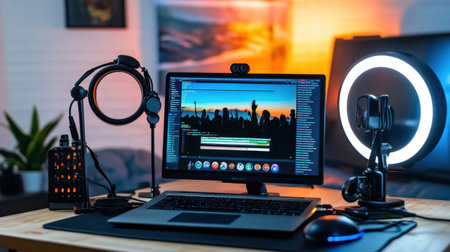 Distance learning station with ring light, webcam, and open laptop showing virtual classroom screenの素材