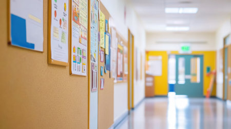 Eco-education posters and materials on cork boards in school hallway next to light switch timersの素材