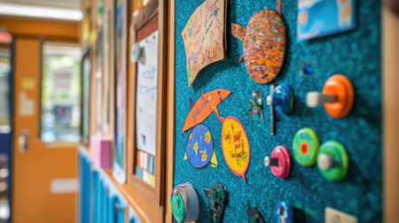 Eco-education posters and materials on cork boards in school hallway next to light switch timersの素材