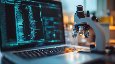 Digital microscope connected to laptop displaying biology software in modern science labの素材