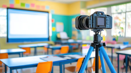 Distance learning classroom setup with mounted camera, ring light, and large monitor at teacher's deskの素材