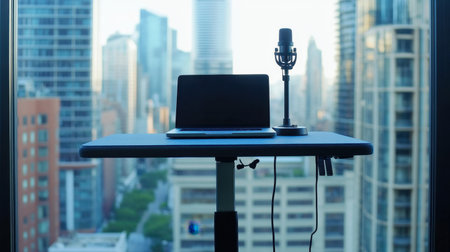 Distance education kit including microphone, camera, and laptop set up on adjustable standing deskの素材