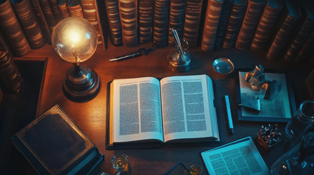 Digital learning tools arranged on a wooden desk, including tablet, digital pen, and interactive e-bookの素材