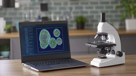 Digital microscope connected to laptop displaying biology software in modern science labの素材
