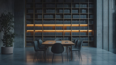 Group study table in modern library with wireless charging pads, stacked books, and sleek chairsの素材