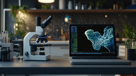 Digital microscope connected to laptop displaying biology software in modern science labの素材