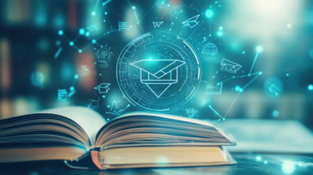 E-learning software interface displayed on desktop screen, educational icons and charts visibleの素材