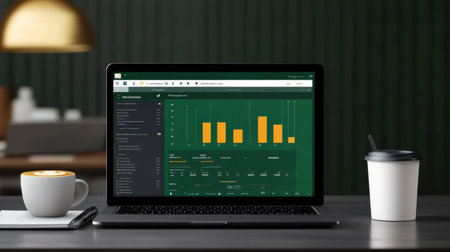 Laptop open on online learning platform, coffee and school planner beside it, minimalist modern setupの素材
