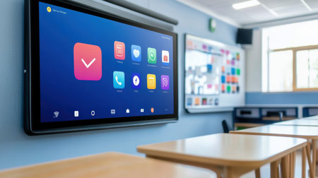 Interactive digital whiteboard with educational apps displayed, smart classroom tech without peopleの素材