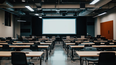 High school classroom with large digital screen, neat rows of chromebooks, and clean, neutral decorの素材