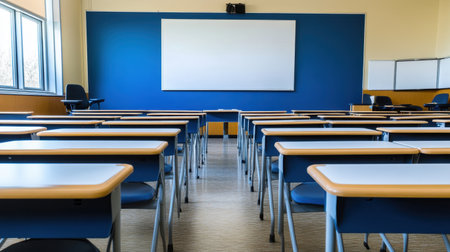 Modern classroom with soft acoustic panels, digital whiteboards, and flexible desk arrangementsの素材