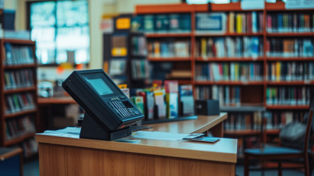 Modern checkout desk in school library with barcode scanner, digital display, and minimalist designの素材
