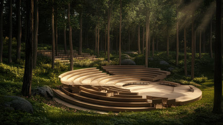 Outdoor amphitheater surrounded by greenery and made of sustainable materialsの素材