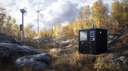 Outdoor science lab with weather instruments, wind turbine, and solar cells on nearby structureの素材