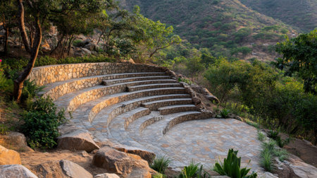 Outdoor amphitheater surrounded by greenery and made of sustainable materialsの素材