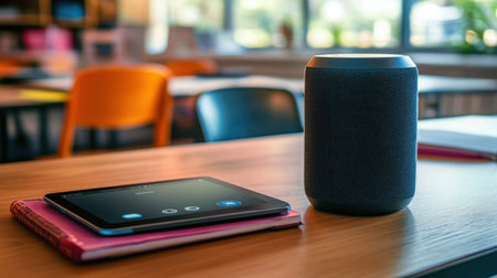 Smart speaker and tablet combo on classroom desk, voice-activated educational technology toolsの素材