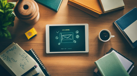 Sleek workspace with digital tablet displaying e-learning interface, surrounded by notebooks and modern school suppliesの素材