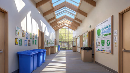 School hallway with recycling bins, eco-awareness posters, and sunlight streaming through skylightsの素材