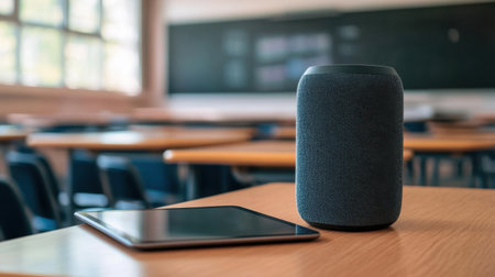 Smart speaker and tablet combo on classroom desk, voice-activated educational technology toolsの素材