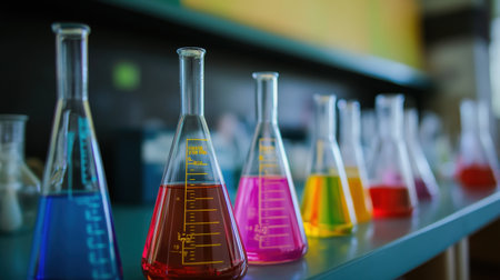 Science classroom with labeled lab zones, bright counters, and digital periodic table displaysの素材
