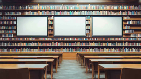 Shelving wall with perfectly aligned books and digital signage above each category in a modern libraryの素材