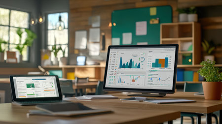 Smart whiteboard filled with charts and graphs, connected to classroom tablet devices on nearby desksの素材