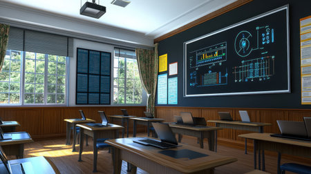 Smart classroom with digital chalkboard, projector, and wirelessly connected student desksの素材