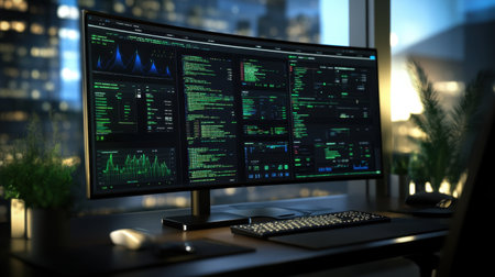 Virtual classroom setup on a large computer monitor with organized digital lesson plans and interactive elementsの素材