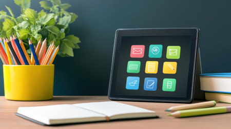 Tablet screen displaying language learning app, sitting beside notebook and pencils in study areaの素材