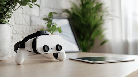 VR headset and gaming controller placed on desk next to tablet with educational simulation appの素材