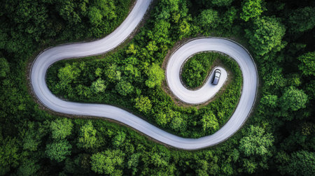 Scenic aerial view of winding coastal road with convertible car traveling through lush green cliffsの素材
