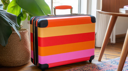 Designer suitcase in high-end boutique hotel suite entrywayの素材