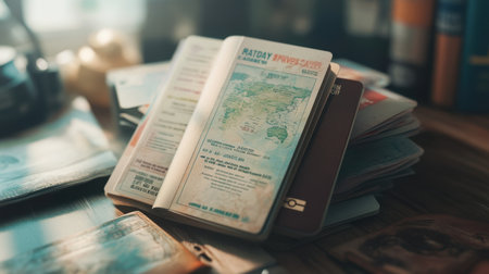 Close-up of passport, boarding pass, and travel itinerary on wooden table ready for adventureの素材