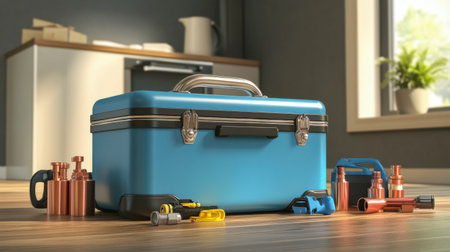 AC copper pipe flaring tool with fittings on floor beside unitの素材