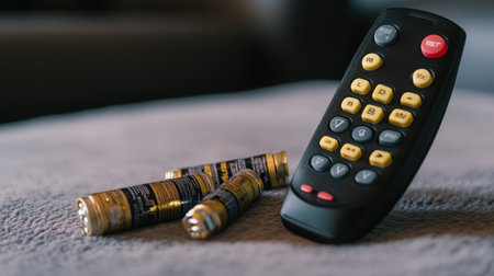 AC remote with battery cover open and AAA batteries beside it, maintenance conceptの素材