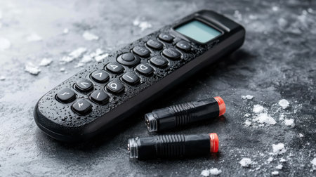 AC remote with battery cover open and AAA batteries beside it, maintenance conceptの素材