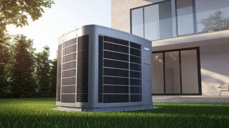 Air conditioner condenser unit placed beside a building, showing metal exterior and cooling components against natural elementsの素材
