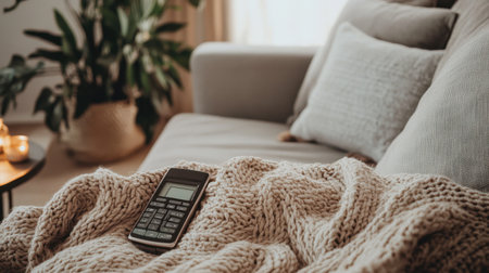 Air conditioner remote on a cozy blanket near the edge of a couch, relaxed home environmentの素材