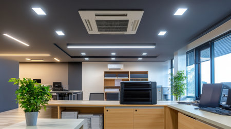 Ceiling cassette air conditioning system in a modern office space with recessed lightingの素材