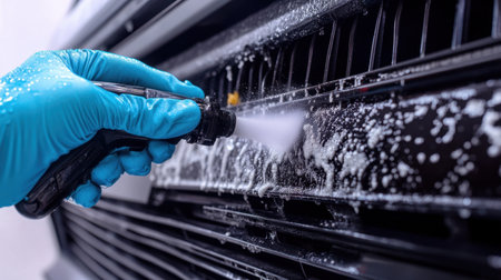 Cleaning spray foam expanding across AC coil surface for deep penetrationの素材