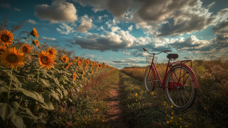 Empty bicycle parked beside rural path lined with sunflowers and open sky aboveの素材
