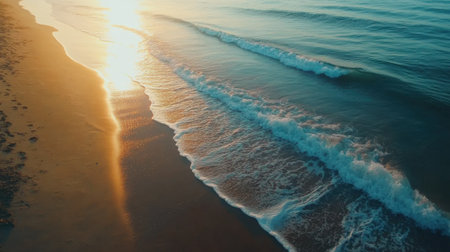 Empty beach at sunrise with golden reflections on wet sand and soft ocean waves rolling inの素材