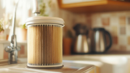 Filter propped up near sink showing heavy dust before it gets rinsed cleanの素材