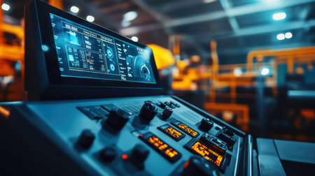 Factory control interface for automated cooling systems, buttons and displays monitoring performanceの素材