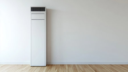 Floor-standing air conditioner against white wall, minimalist interior with wood floorsの素材
