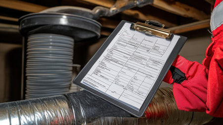 HVAC technicians clipboard with maintenance checklist filled out, placed on air ductの素材